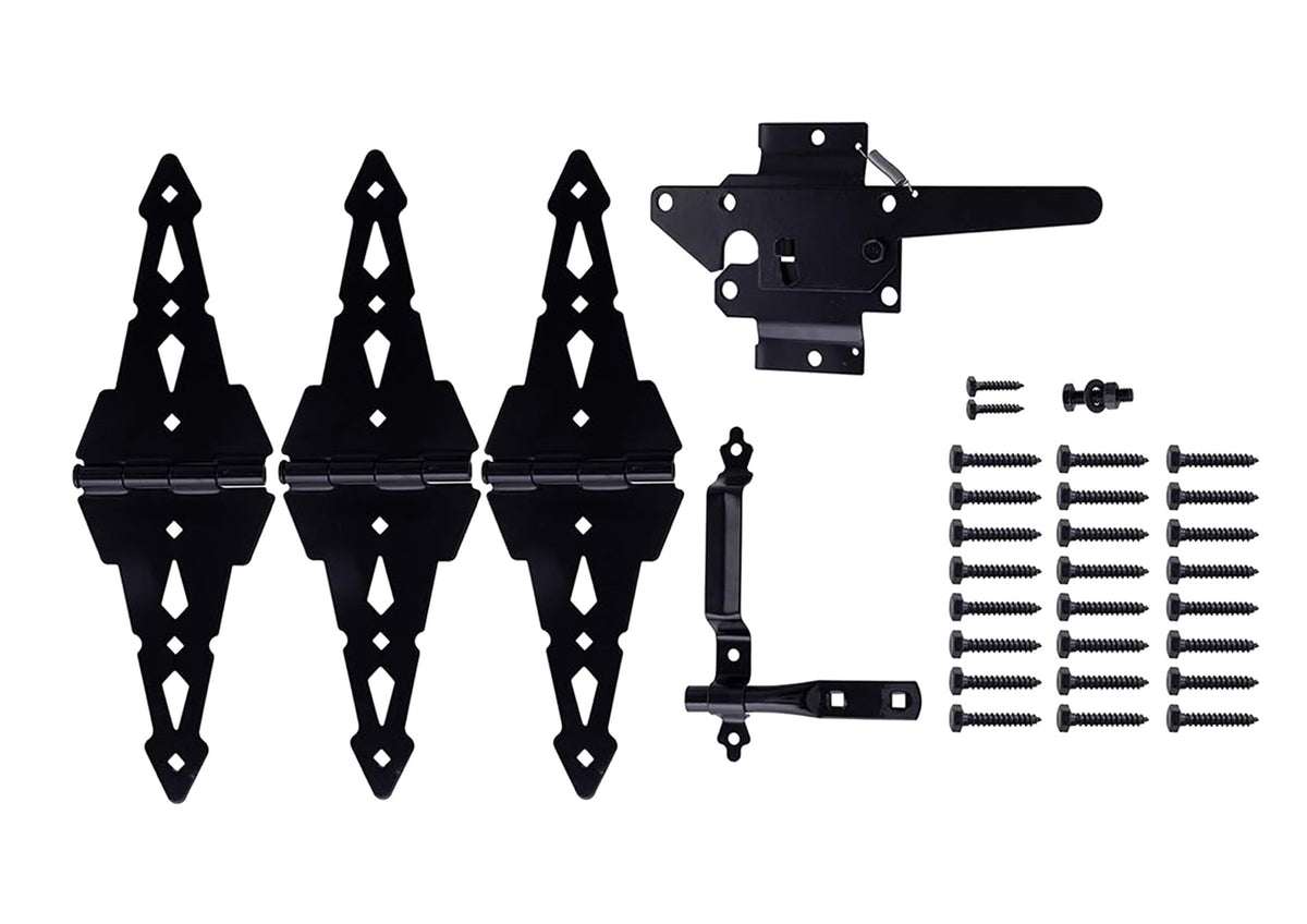 Black Gate Hinge and Latch Set - High Durability Outdoor Gate Hardware Kit
