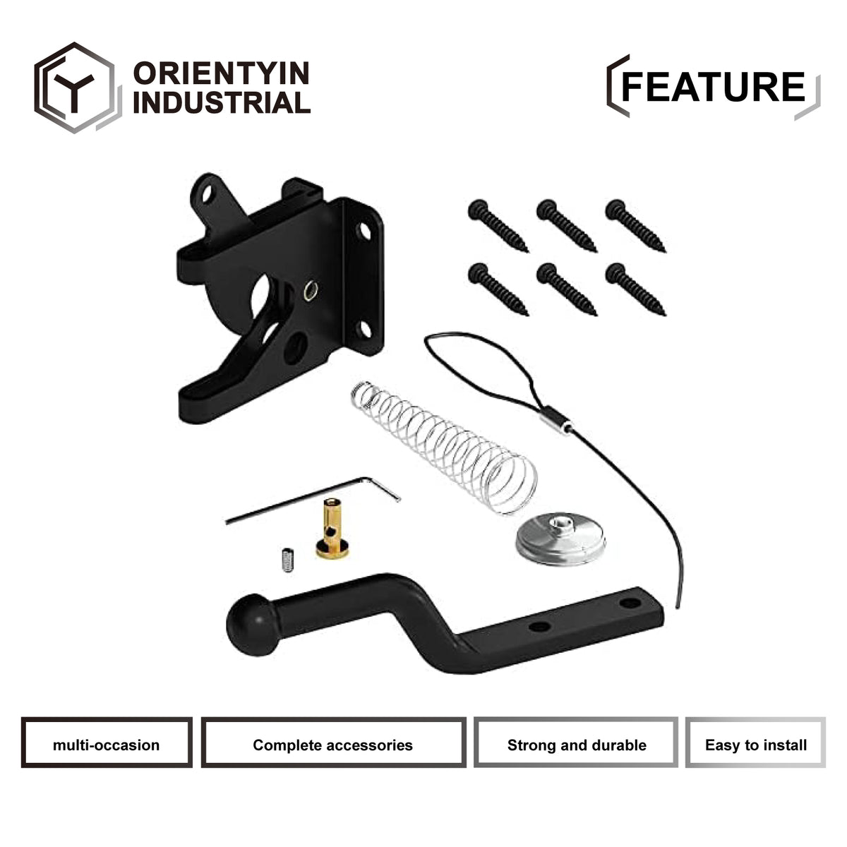 Black Pull-String Gate Latch Set - With Spring and Handle, Suitable for Outdoor Gates
