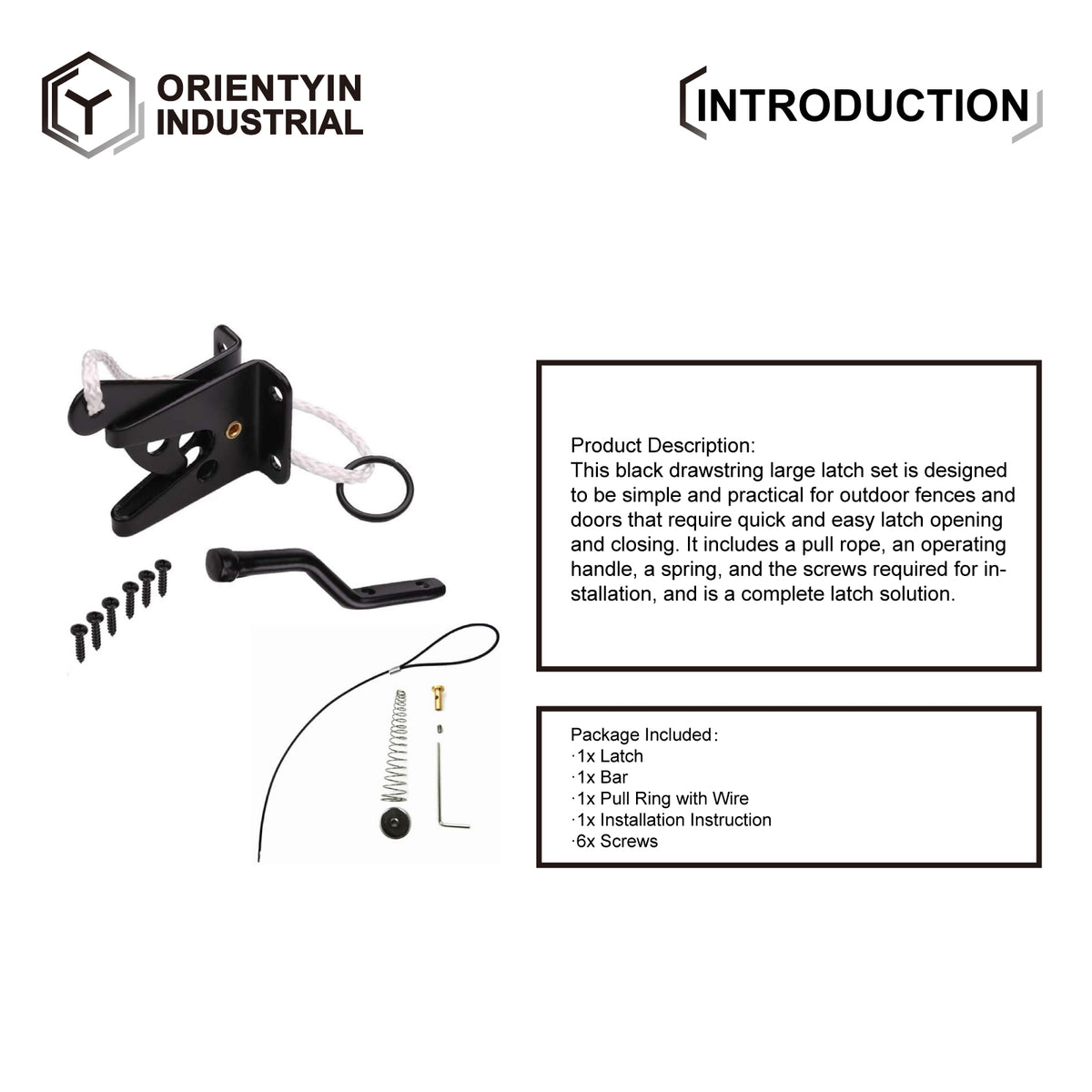 Black Pull-String Gate Latch Set - With Spring and Handle, Suitable for Outdoor Gates
