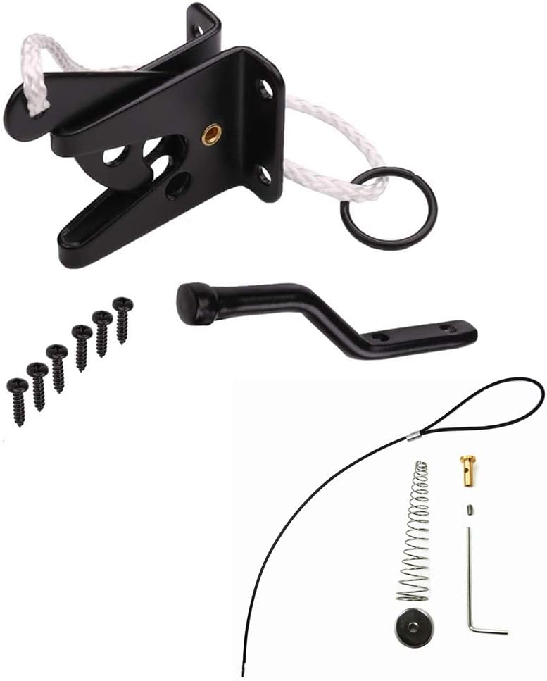 Black Pull-String Gate Latch Set - With Spring and Handle, Suitable for Outdoor Gates