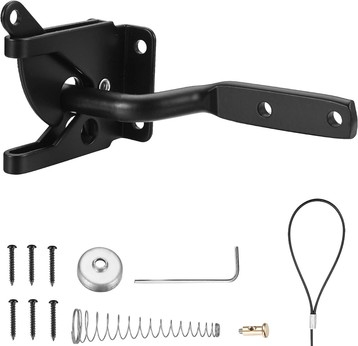 Black Pull-String Gate Latch Set - With Spring and Handle, Suitable for Outdoor Gates