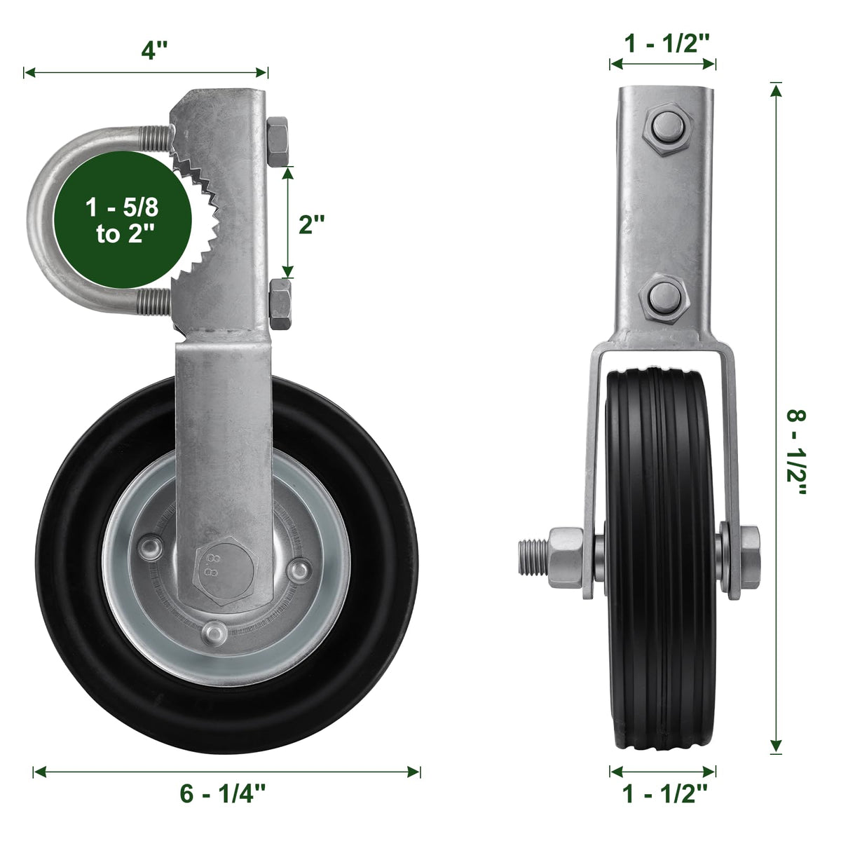 Gate Wheel Supporting Metal Swing Gate, 6" Gate Helper Wheels for 1-5/8" Thru 2" Gate Frames, for Metal Tube Gate, Chain Link Fence, 2 Pack Silver