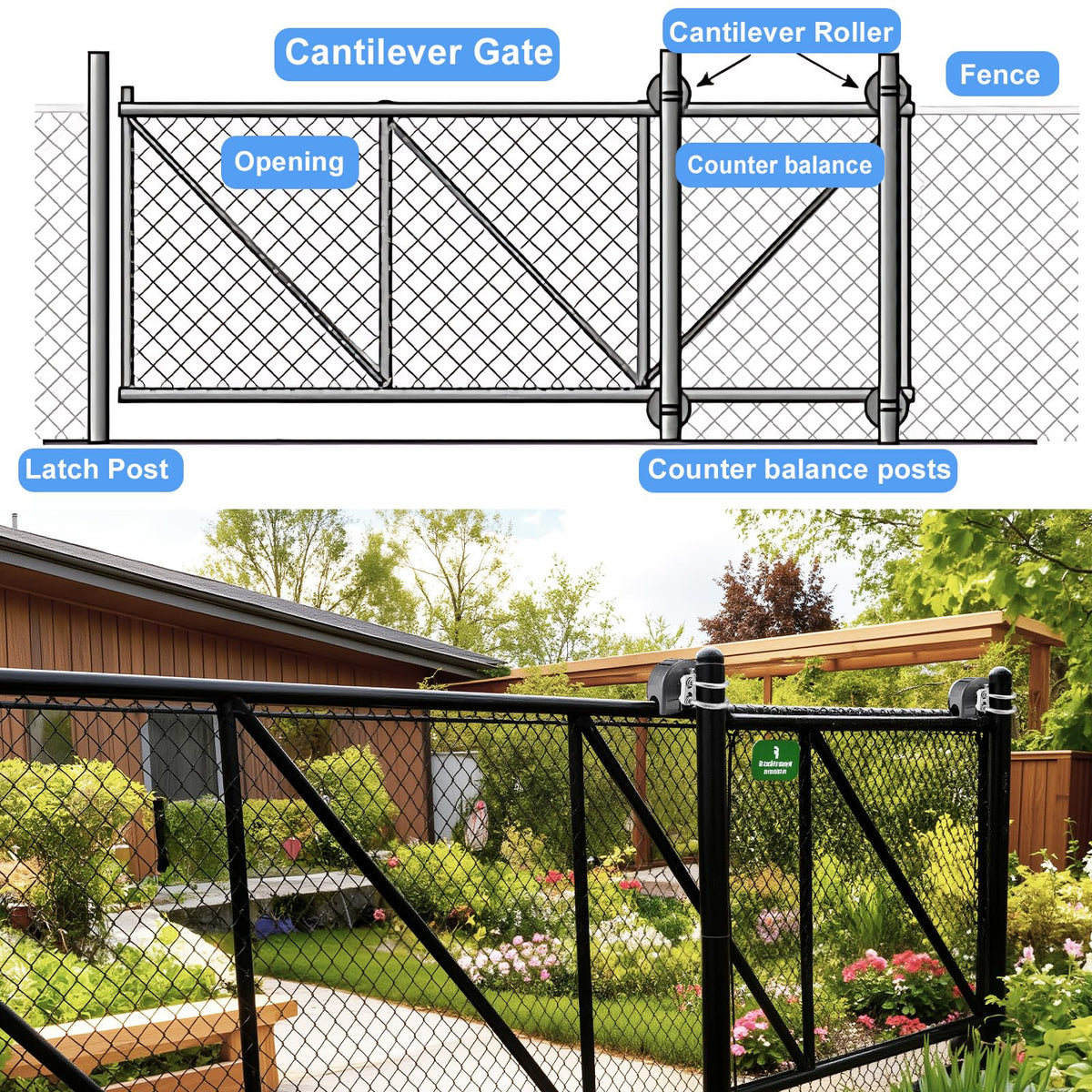 Sliding Gate Rollers, Nylon Cantilever Slide Gate with Covers, Rolling Cantilever, 4" Round Post, 2-3/8" or 2-1/2" for Chain Link Fence Gate Frame, Slide Gate Roller Hardware - Pack of 4