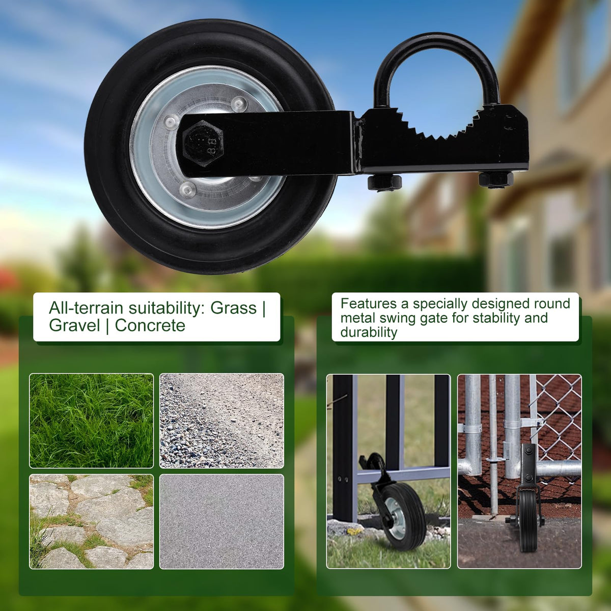 Gate Wheel Supporting Metal Swing Gate, 6" Gate Helper Wheels for 1-5/8" Thru 2" Gate Frames, for Metal Tube Gate, Chain Link Fence, 2 Pack Black