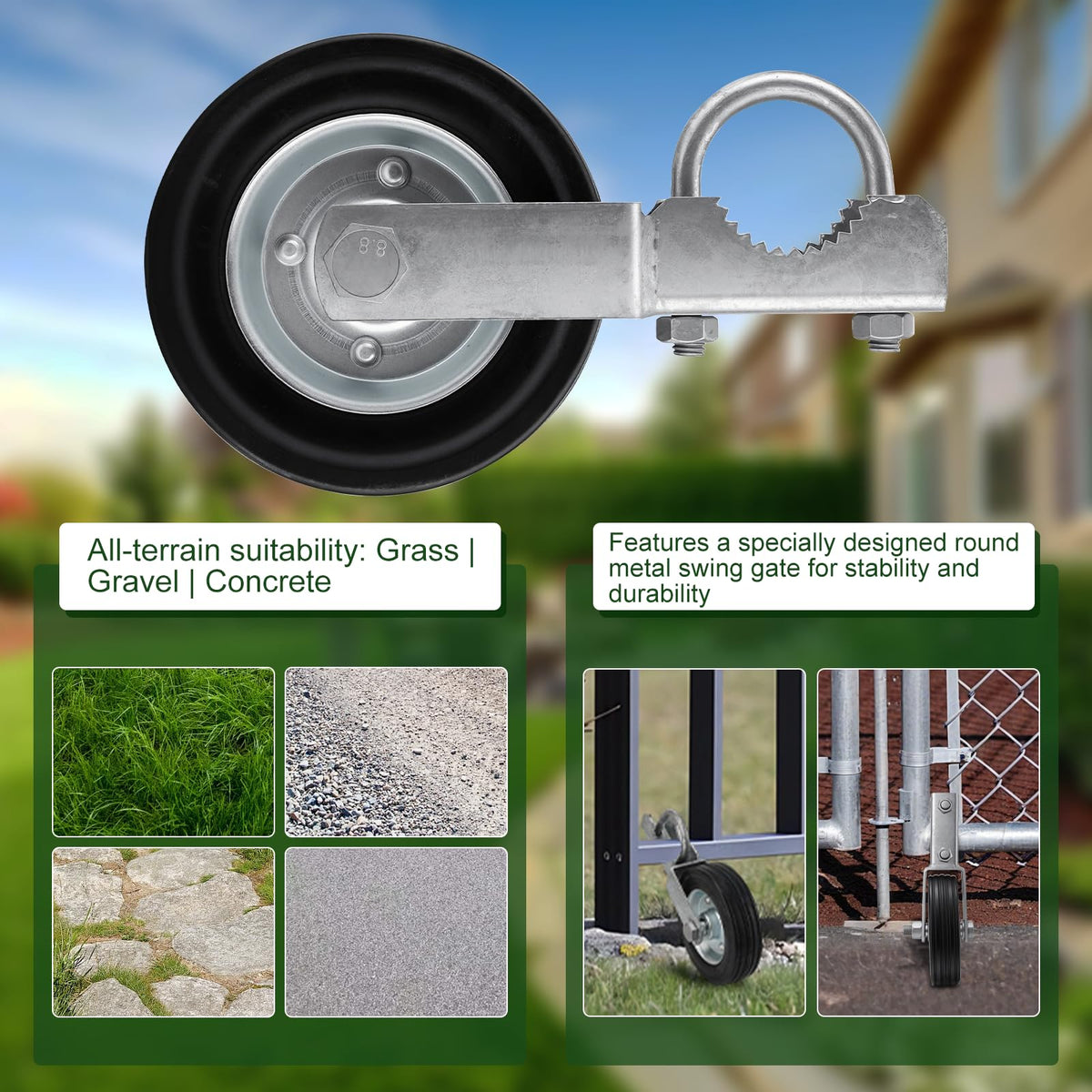 Gate Wheel Supporting Metal Swing Gate, 6" Gate Helper Wheels for 1-5/8" Thru 2" Gate Frames, for Metal Tube Gate, Chain Link Fence, 2 Pack Silver